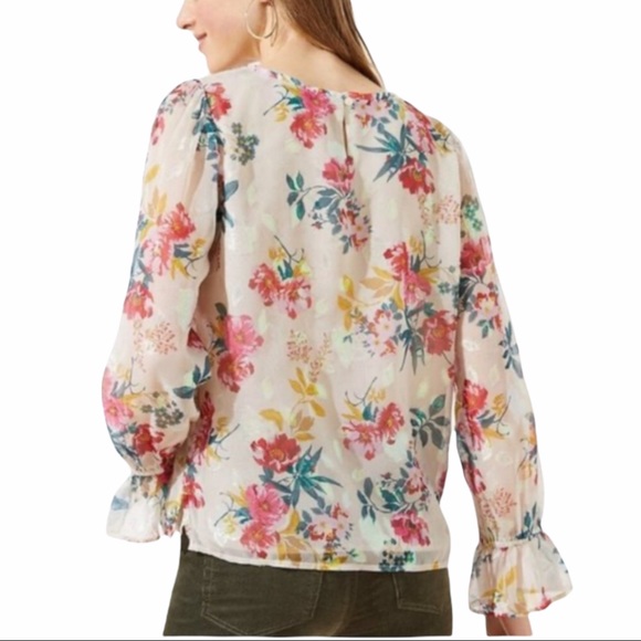 LOFT Blouse Floral Long Ruffle Sleeves Semi Sheer - Picture 2 of 5